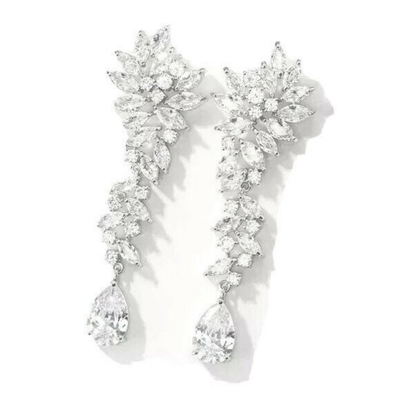 Silver Crystal Long Earrings Rhinestone Earrings Dangle Drop Wedding Bridal Prom - Picture 2 of 2